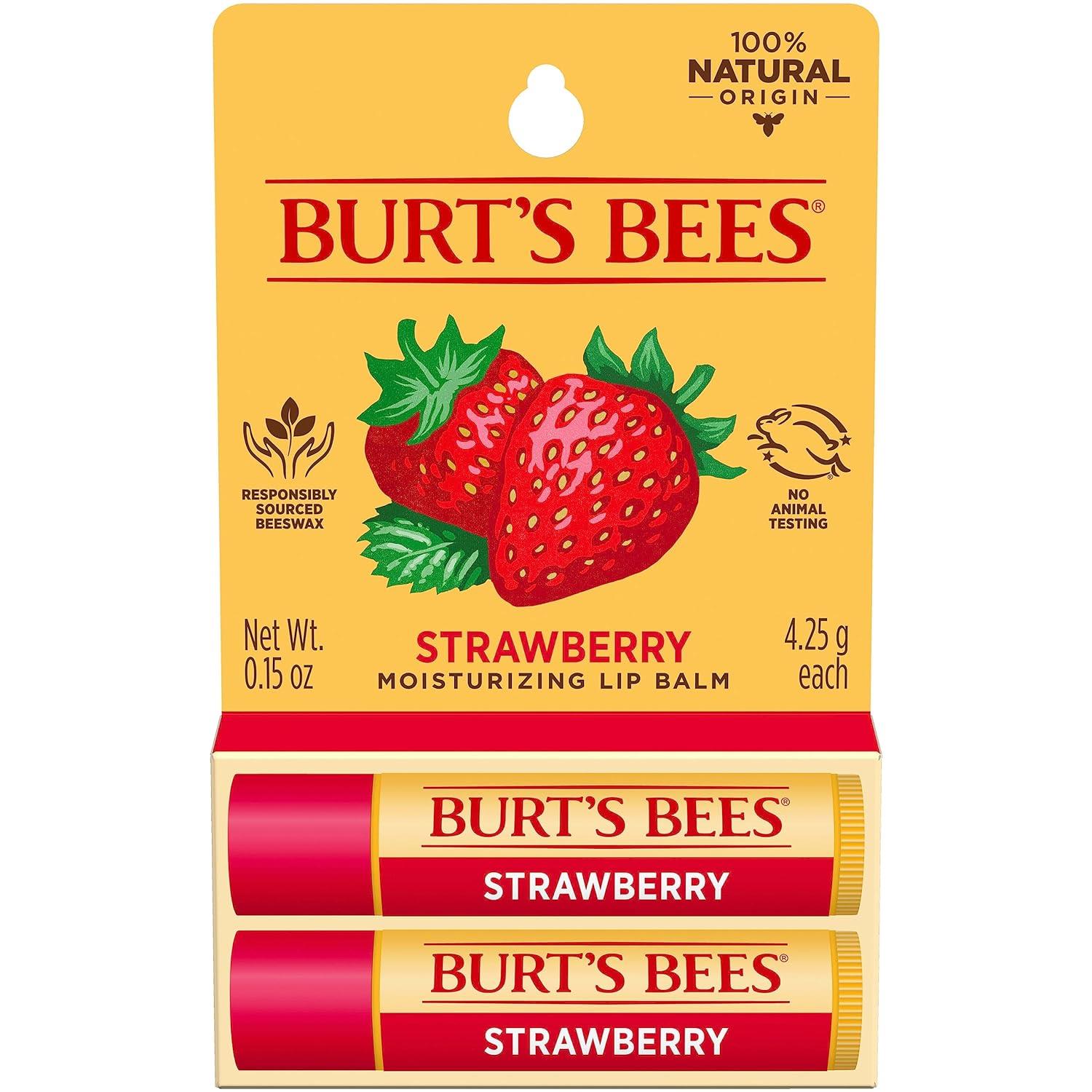 Burt's Bees 100% Natural Moisturizing Lip Balm, Strawberry with Beeswax & Fruit Extracts - (Pack 2)