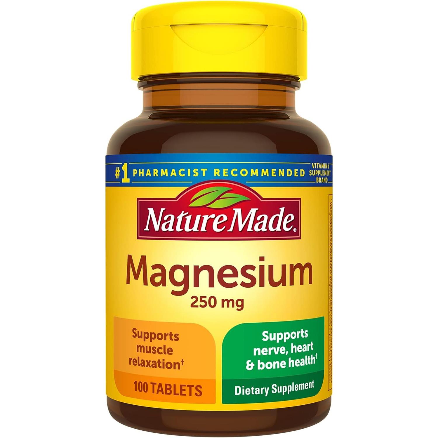 Nature Made Magnesium Oxide 250 mg, Magnesium Supplement for Muscle, Heart, Bone and Nerve Health Support, 100 Tablets