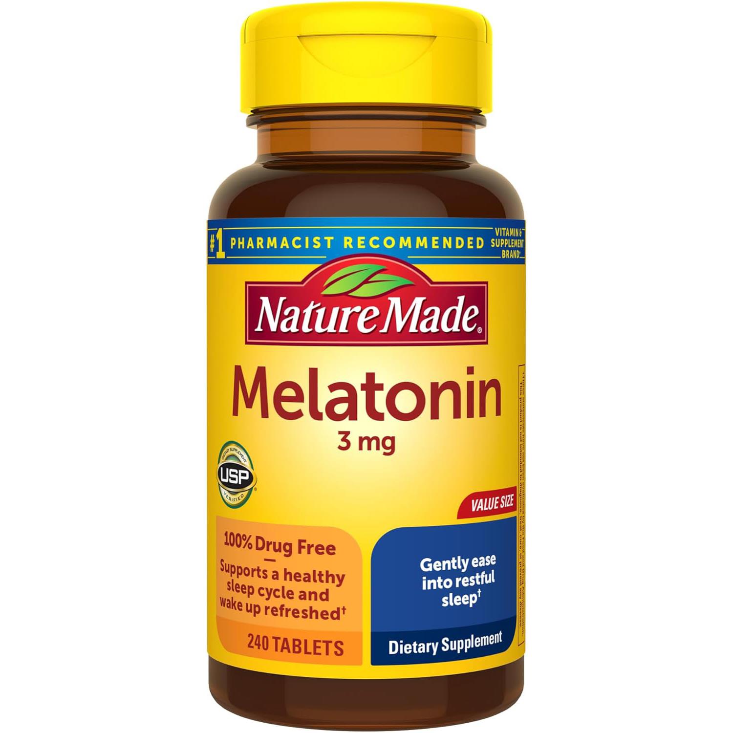 Nature Made Melatonin 3mg Tablets, 100% Drug Free Sleep Aid for Adults, 240 Tablets